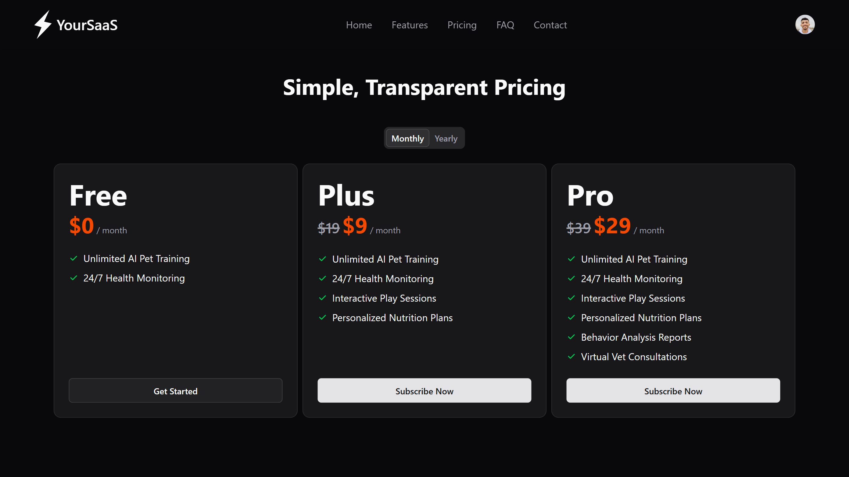 SvelteBolt Pricing Component - Dark Mode